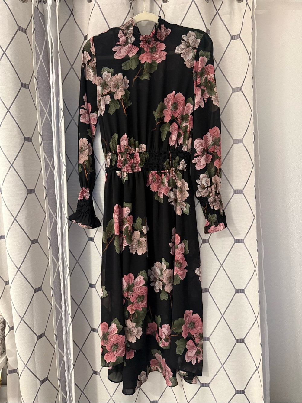 Nanette Lepore Black Pink Floral Smocked Midi Dress Size 10